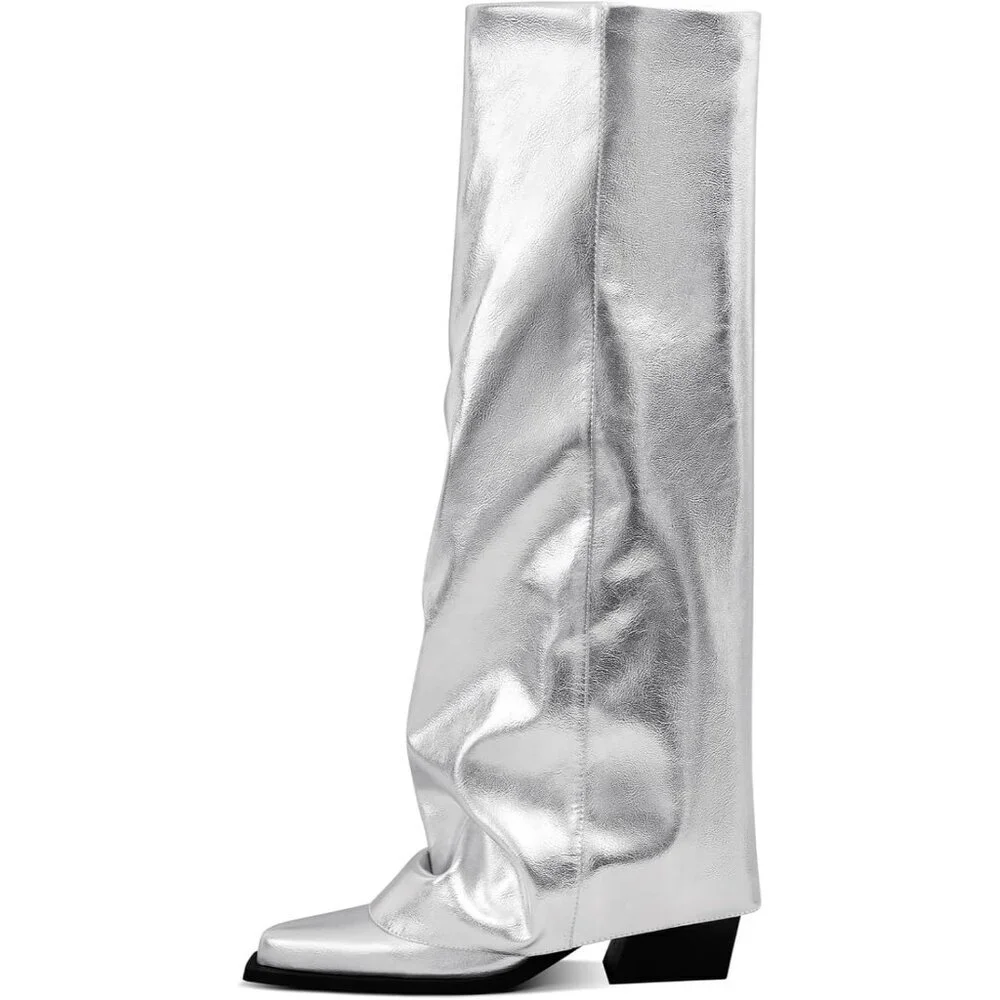 Women Silver Wide Calf Slouchy Shark Pointed Toe Fold Over Knee High Tall Boots